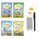 Four educational books on a white background with a pen and eraser.