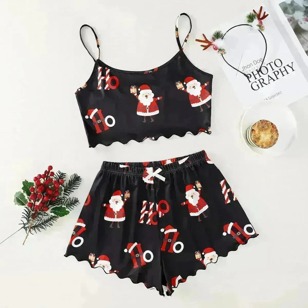 Christmas European And American Thin Pajamas Women's Sleeveless Shorts Milk Silk Simple Casual Two-piece Suit Homewear - EX-STOCK CANADA