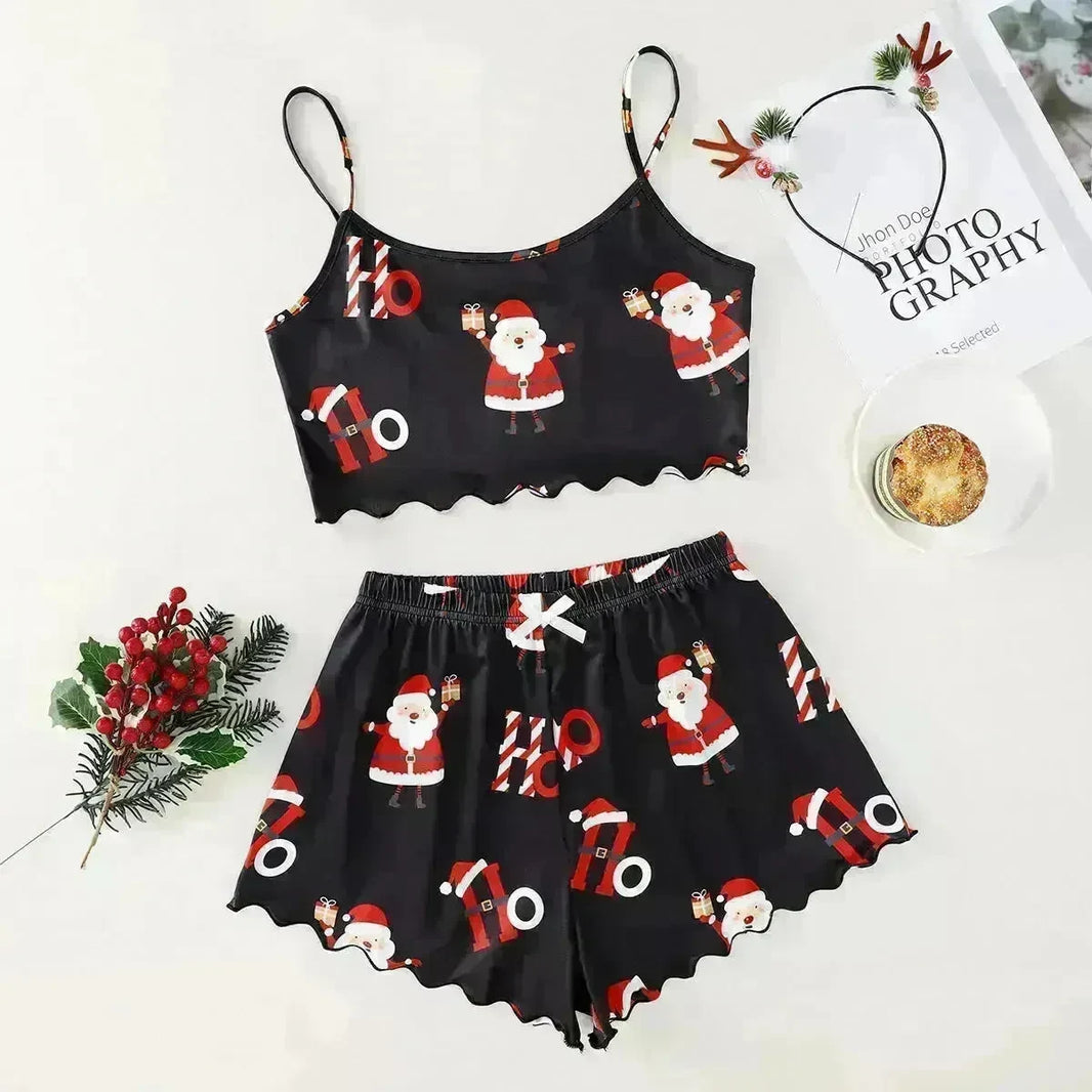 Christmas European And American Thin Pajamas Women's Sleeveless Shorts Milk Silk Simple Casual Two-piece Suit Homewear - EX-STOCK CANADA