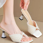 Fashionable And Versatile Pearl Commuting Temperament With Slim Heels And Exposed Toes, Cool Slippers, Half Slippers 