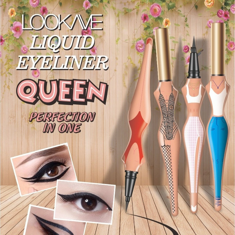 Liquid eyeliner product with mannequin legs and floral decorations on a wooden floor.