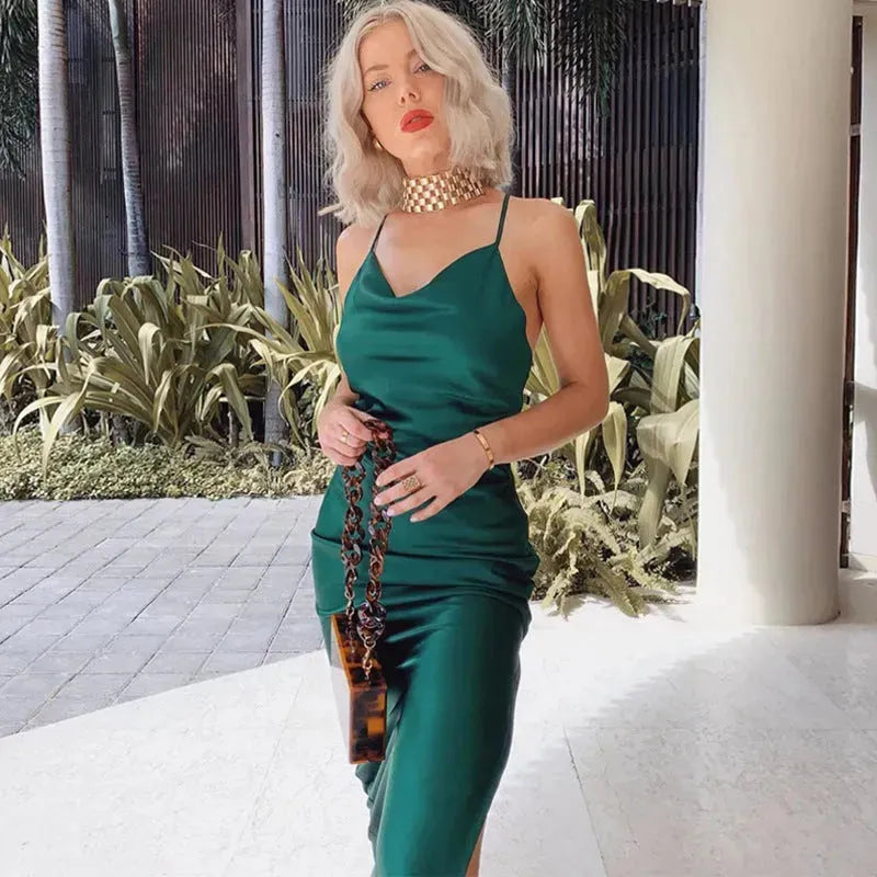 Women's Satin Drape Cowl Neck Sleeveless summer dress Strappy Cami Split Slit Party Midi Dress - EX-STOCK CANADA