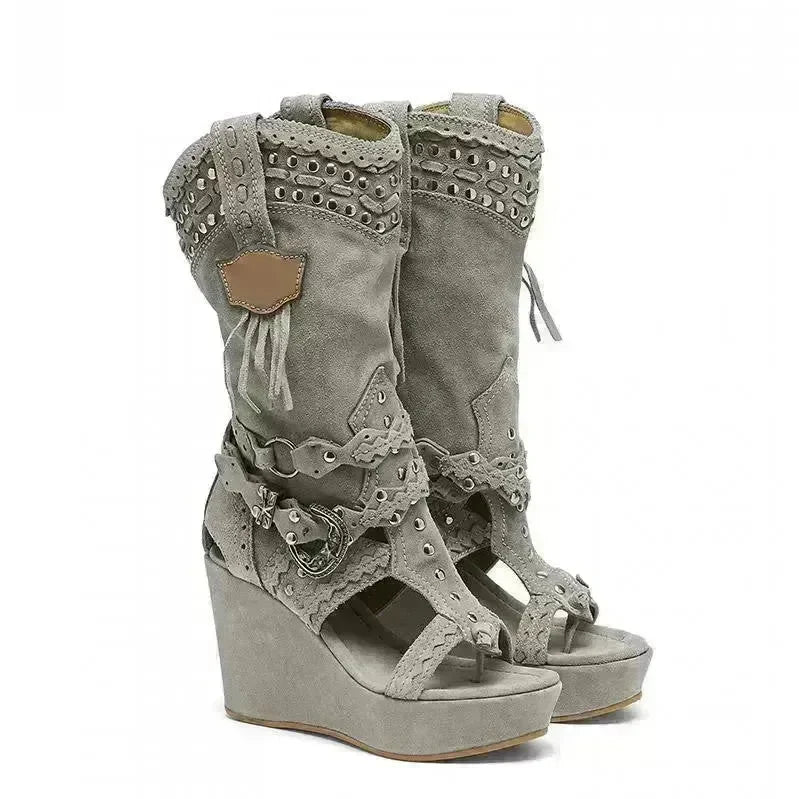 Fashion High Heel Canvas Denim Wedge  Sandals Hollow-out Women's Shoes - EX-STOCK CANADA