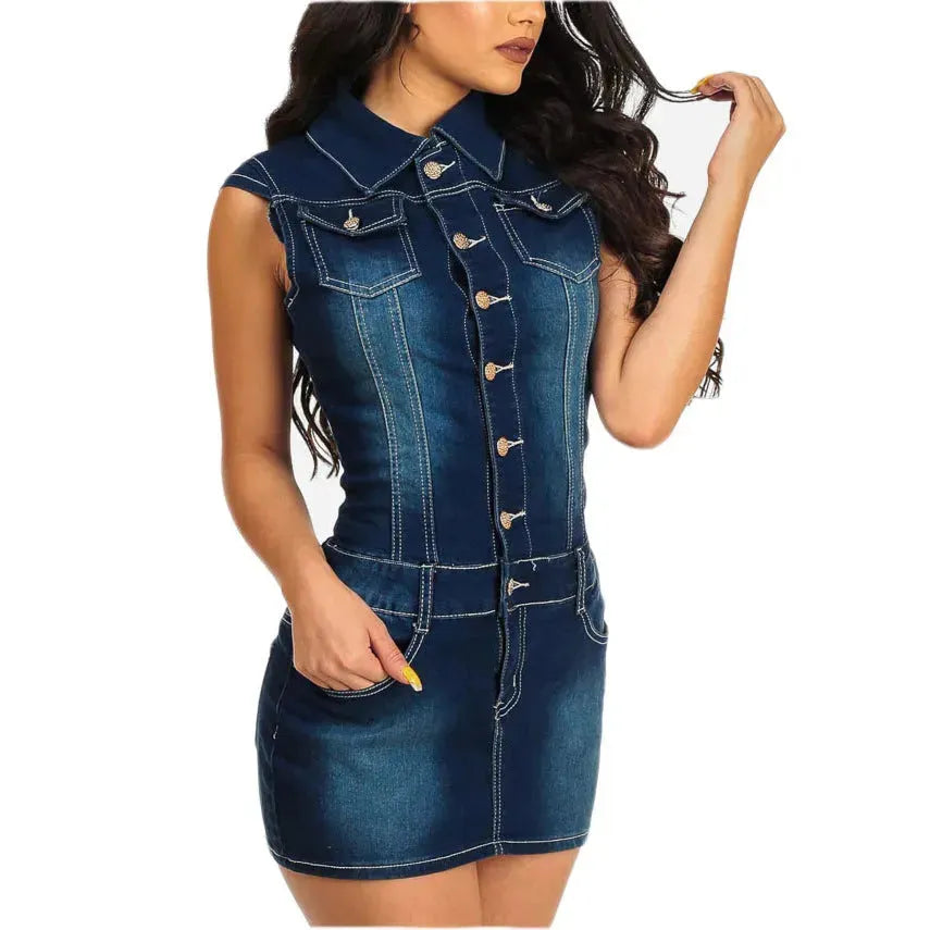 Chic Club Mini Jeans Dress Button down short sleeve Denim Hip dress - EX-STOCK CANADA