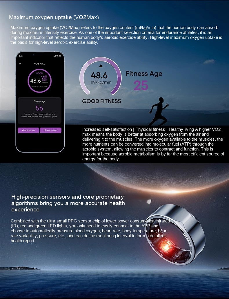 Fitness tracker with VO2Max display and health information on a dark background
