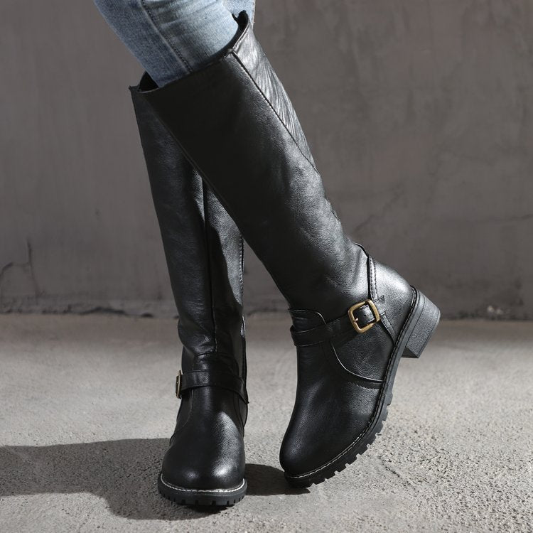 Women's Knee-High Riding Boots – Buckle Strap, Back Zipper | Brown, Black, Tan