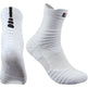 White socks with black and red logo on a white background
