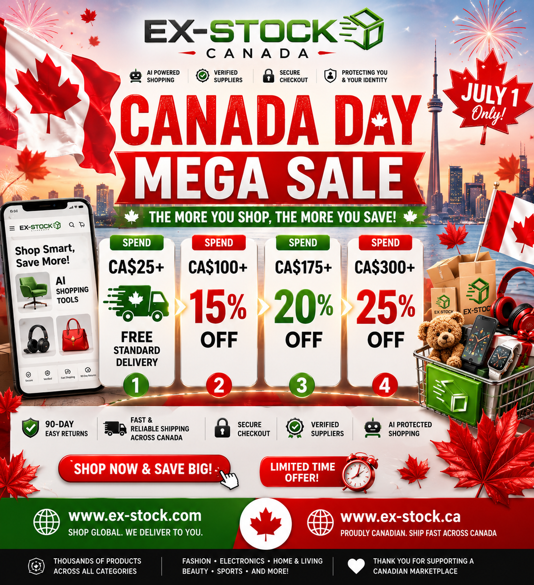A promotional flyer for Ex-Stock Canada's 'Canada Day MEGA SALE' featuring a city skyline background, red maple leaves, and four discount columns showing savings for different spend levels ($25+, $100+, $175+, and $300+).