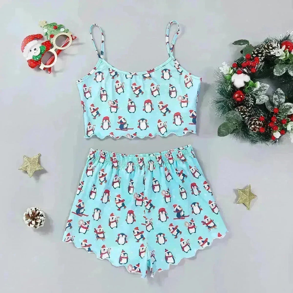 Christmas European And American Thin Pajamas Women's Sleeveless Shorts Milk Silk Simple Casual Two-piece Suit Homewear - EX-STOCK CANADA