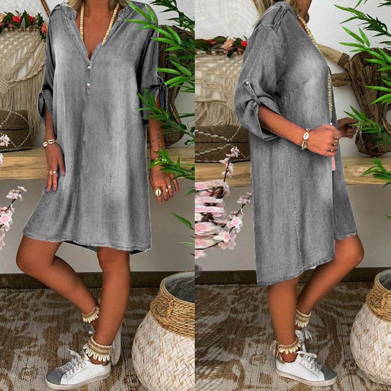 Casual Half Button Mid-sleeve loose Washed denim dress - EX-STOCK Canada