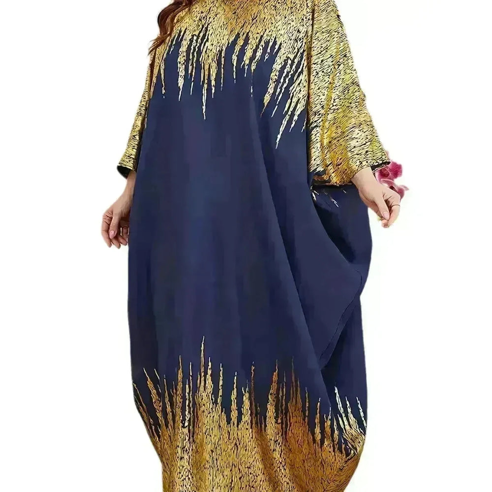 Fashion Embellish Fancy Abaya Middle East Print Color Contrast Patchwork Bat Sleeve Width Loose Summer Long Sleeve Dress - EX-STOCK CANADA