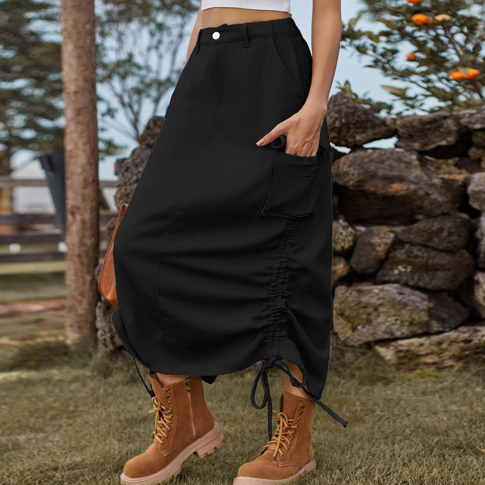 American-style Casual Denim Drawstring Midi Cargo Skirt - EX-STOCK Canada