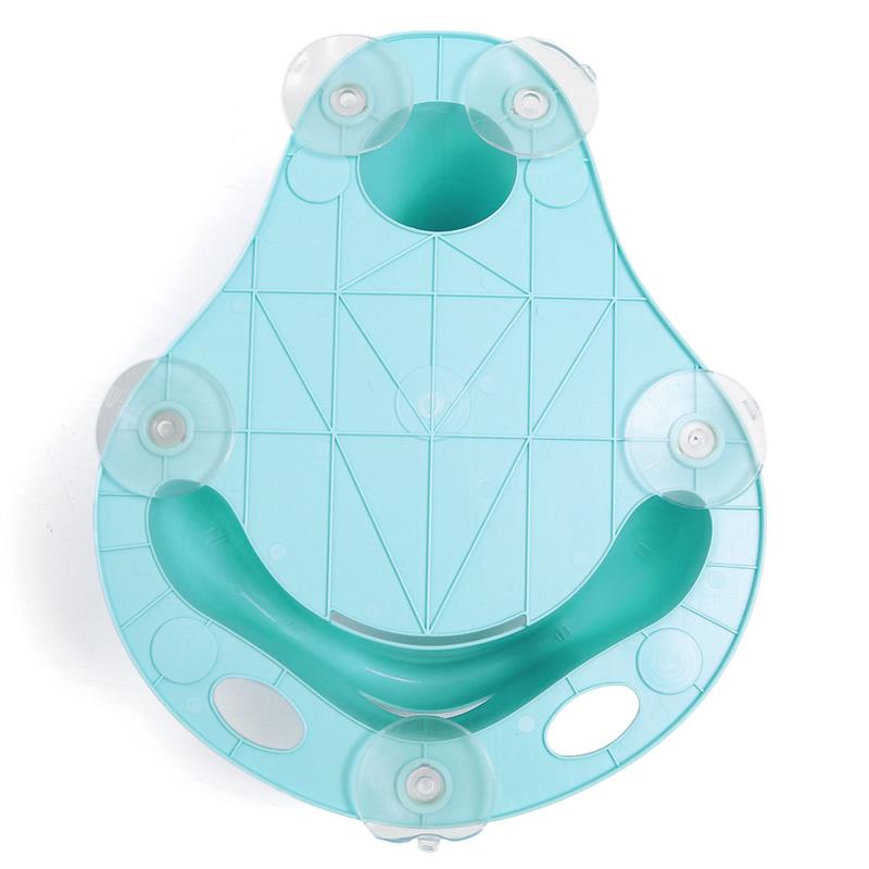 Turquoise baby bathtub seat with handles on a white background