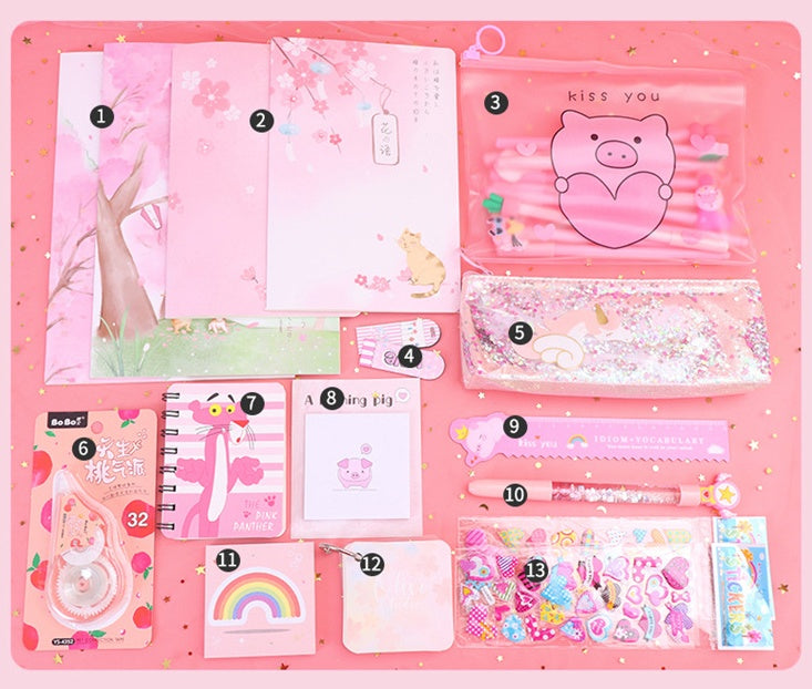 Set of stationery items including notebooks, stickers, and clips on a pink background