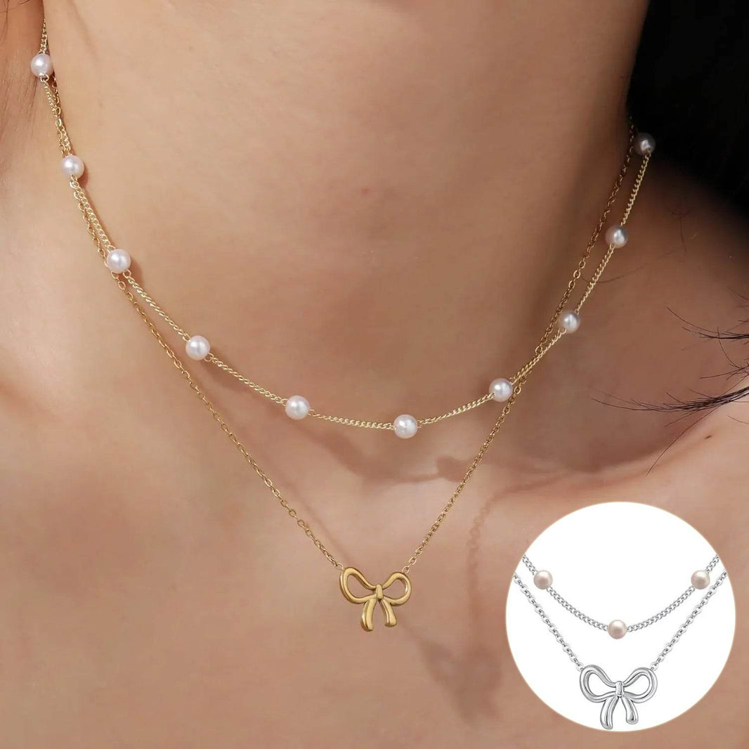 Simple Pearl Double Layer Choker Fashion Gold Color Necklaces Chain Small Bow Pendant Necklace Jewelry Gifts For Women Fashion Jewelry Valentine's Day Gifts - EX-STOCK Canada