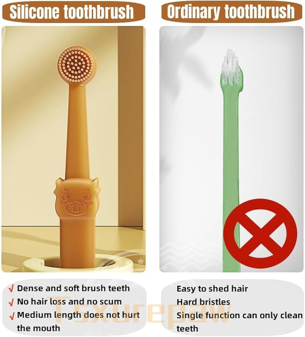 Brosse à dents pour chien à angle de 360° avec brosse de nettoyage de la langue, kit de brosse à dents en silicone pour chats et chiens avec gobelet de rangement - Soin dentaire pour petits animaux 