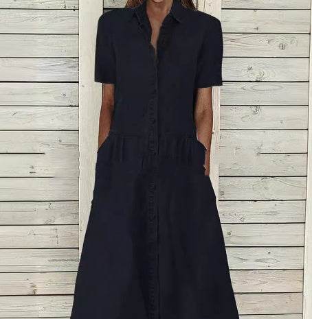 Women's European And American Lapel Casual loose button down Midi Denim jeans Mum Dress - EX-STOCK Canada