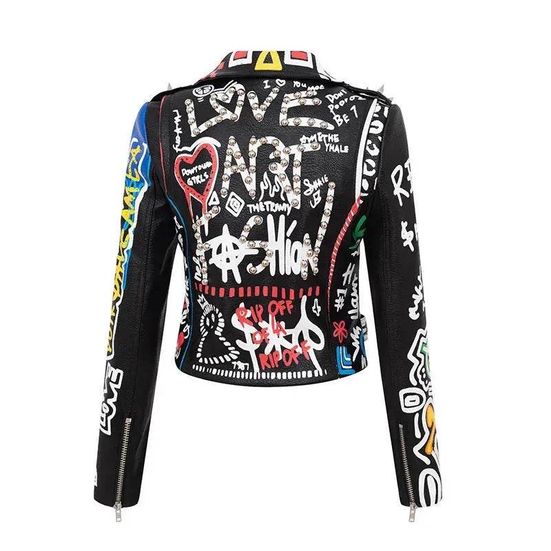 Printed Hit Color Jacket Motorcycle Leather Jacket Women's Suit Collar Trendy Jacket - EX-STOCK Canada