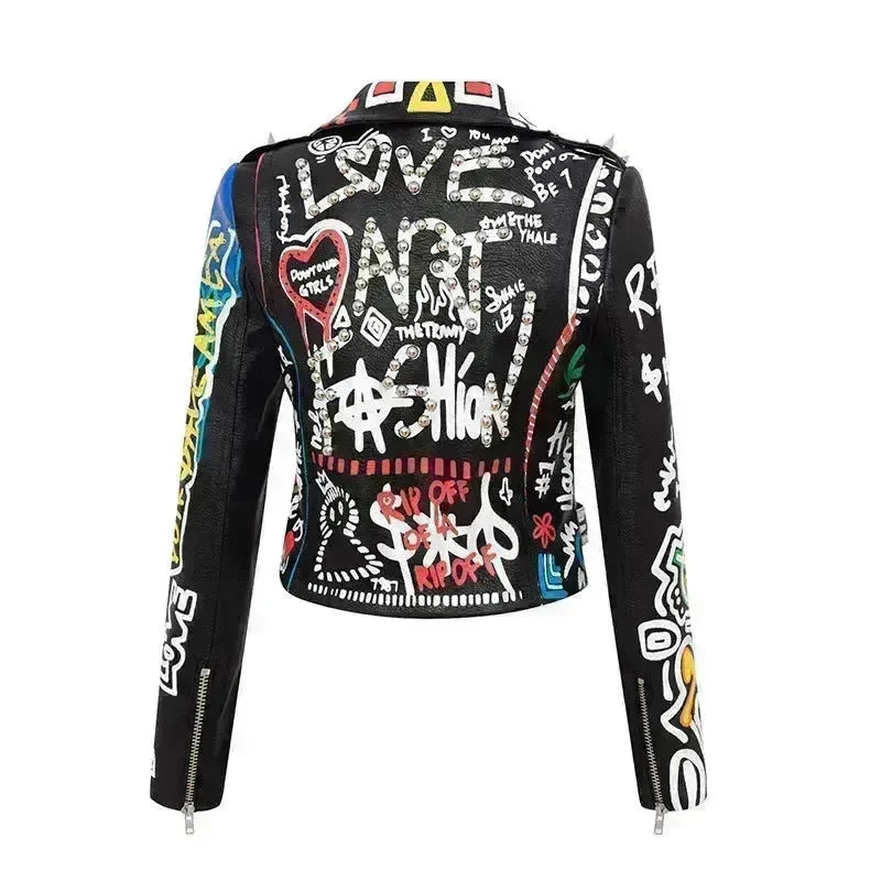 Printed Hit Color Jacket Motorcycle Leather Jacket Women's Suit Collar Trendy Jacket - EX-STOCK CANADA