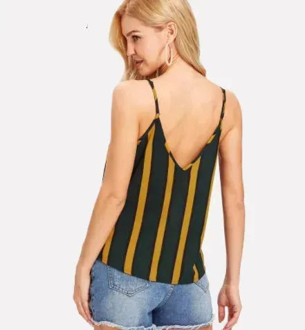 Casual Double V Neck Striped summer Top Spaghetti Strap Summer Multicolor Backless Tops - EX-STOCK CANADA