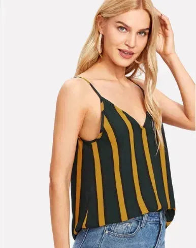 Casual Double V Neck Striped summer Top Spaghetti Strap Summer Multicolor Backless Tops - EX-STOCK CANADA