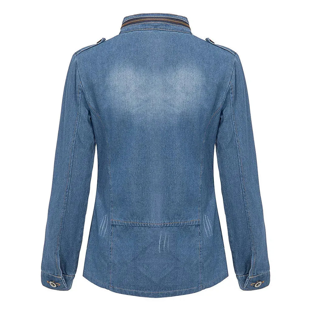 Fitted Zip up Lapel Women Denim Jacket - EX-STOCK CANADA