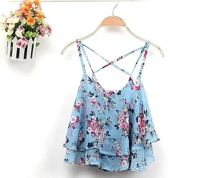 Women Summer Strap Floral Print Chiffon Blouse Tops Retro Floral Cross-Shoulder Shirts Sleeveless T - EX-STOCK CANADA