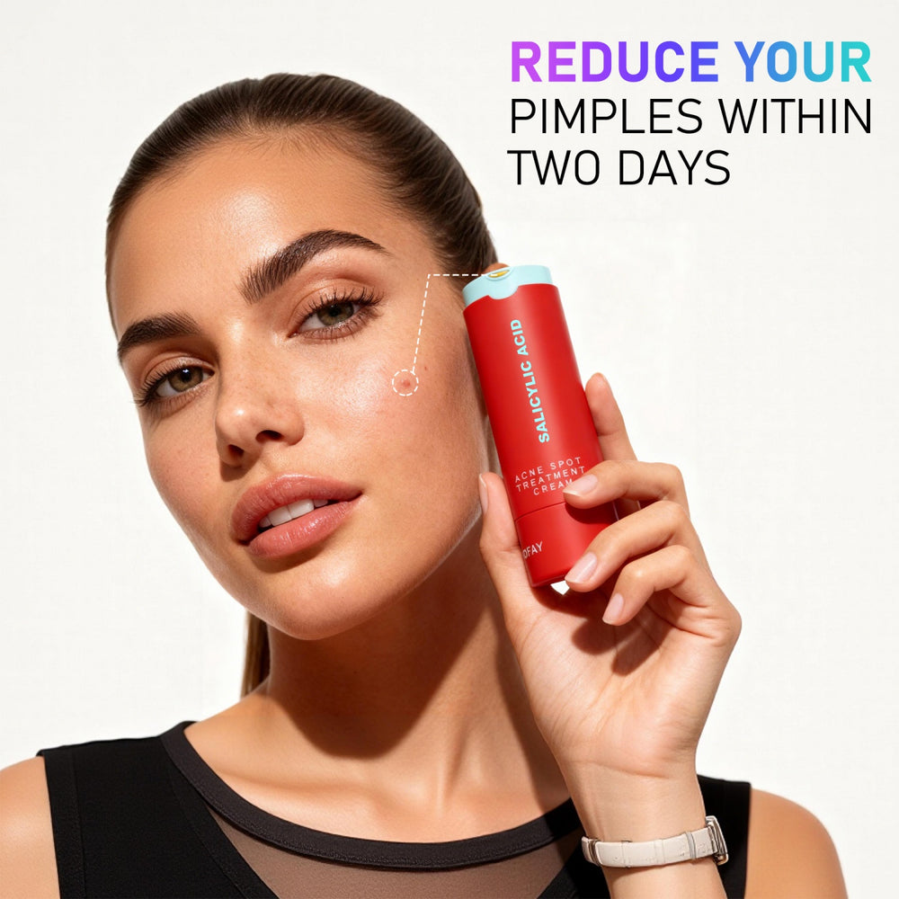 Woman holding a red skincare product with text claiming to reduce pimples within two days on a light background.