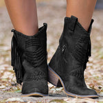 Women's Fringe Tassel Ankle Boots | Western Boho Block Heel Side Zip | Black Brown Grey Khaki