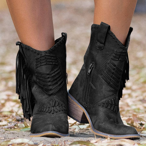 Women's Fringe Tassel Ankle Boots | Western Boho Block Heel Side Zip | Black Brown Grey Khaki