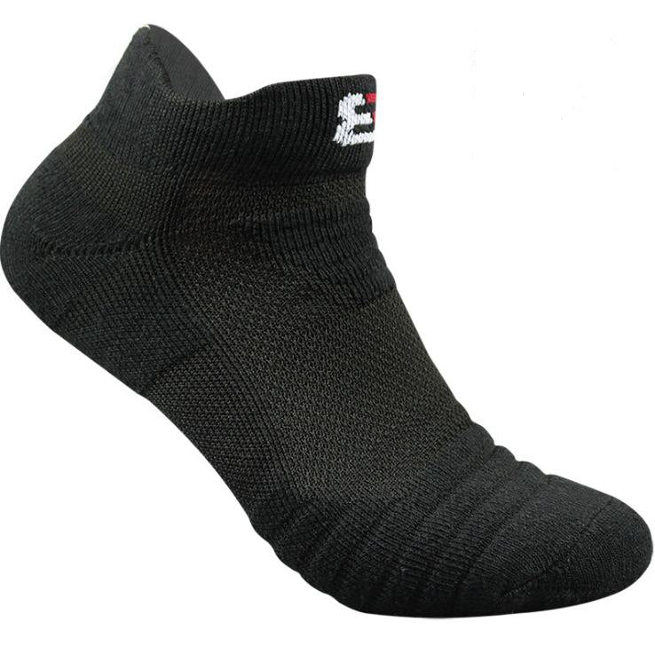 Black ankle sock with a brand logo on a white background