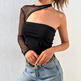 Mesh single shoulder cutout sexy top - EX-STOCK Canada