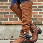 Women's Belt Buckle Over-The-Knee Boots | Block Heel Knight Boots Brown Black Wine Red