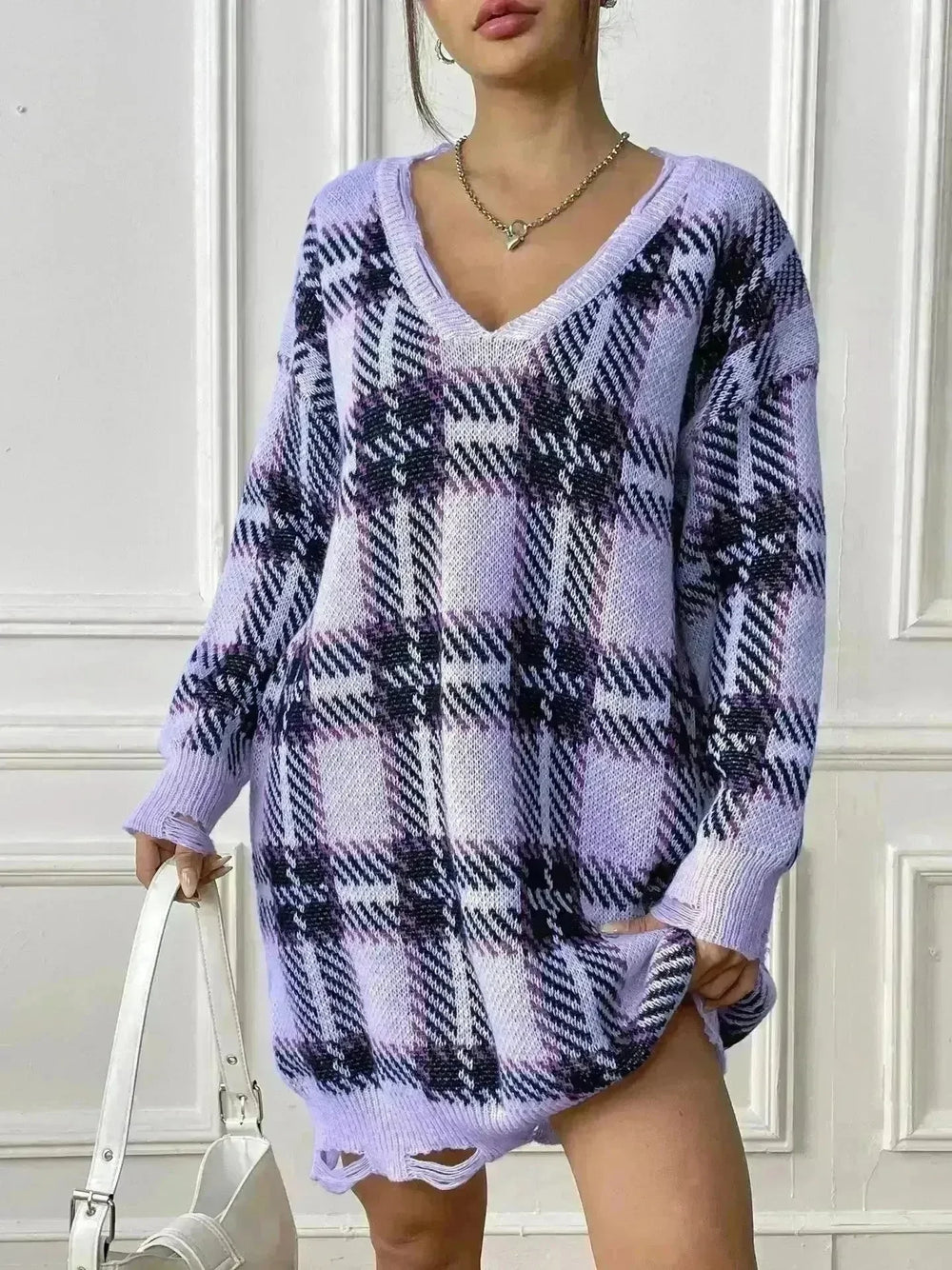 Deer Plush V-neck Long Sleeve Plaid Winter Jumper Mini dress - EX-STOCK CANADA