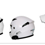 Three white motorcycle helmets with black accents on a white background