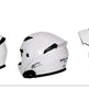 Three white motorcycle helmets with black accents on a white background