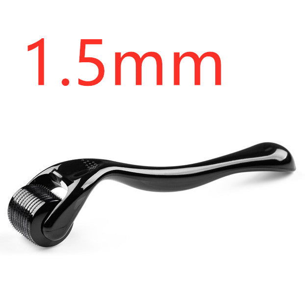 Black derma roller with '1.5mm' text on a white background