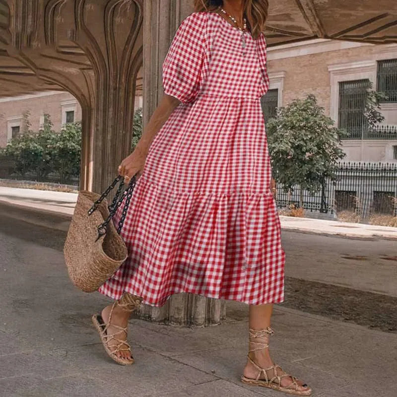 Casual Summer Midi dress puff sleeve flowy mum dress - EX-STOCK CANADA