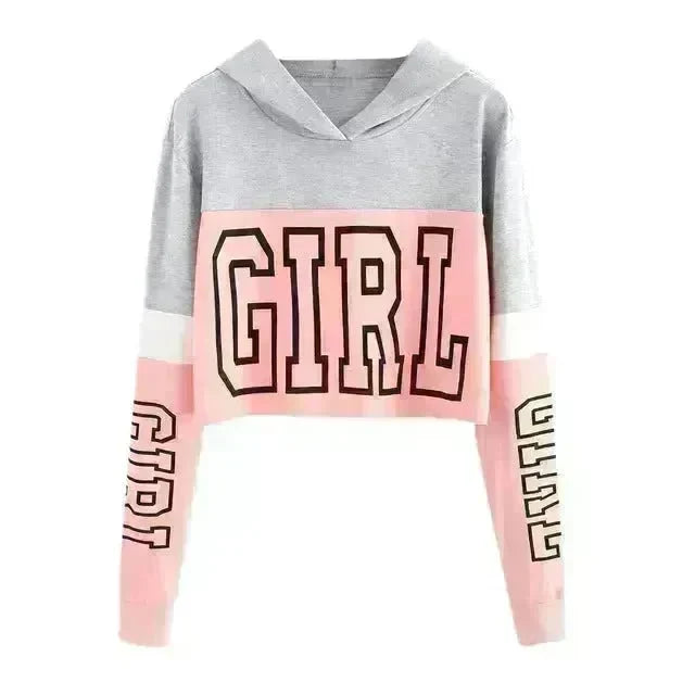 Girls Fashion Hoodie Crop Top Sweatshirt  Pullover Women Patchwork - EX-STOCK CANADA