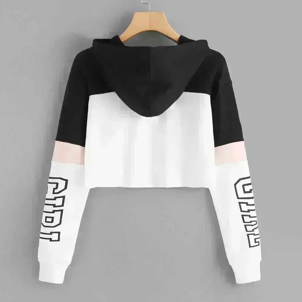 Girls Fashion Hoodie Crop Top Sweatshirt  Pullover Women Patchwork - EX-STOCK CANADA