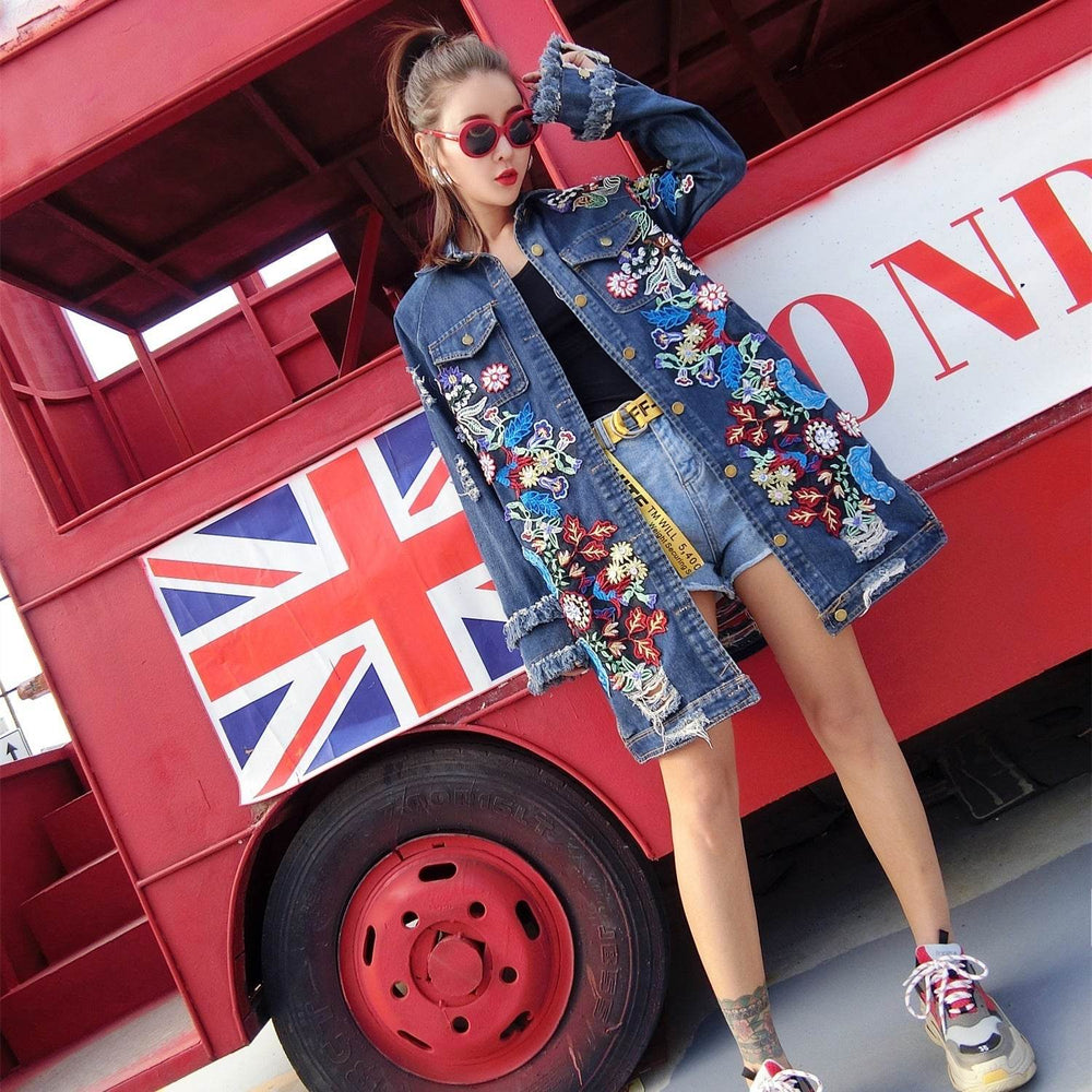 Fashion Loose Mid length Long Sleeved Denim Jacket Women EX-STOCK Canada 