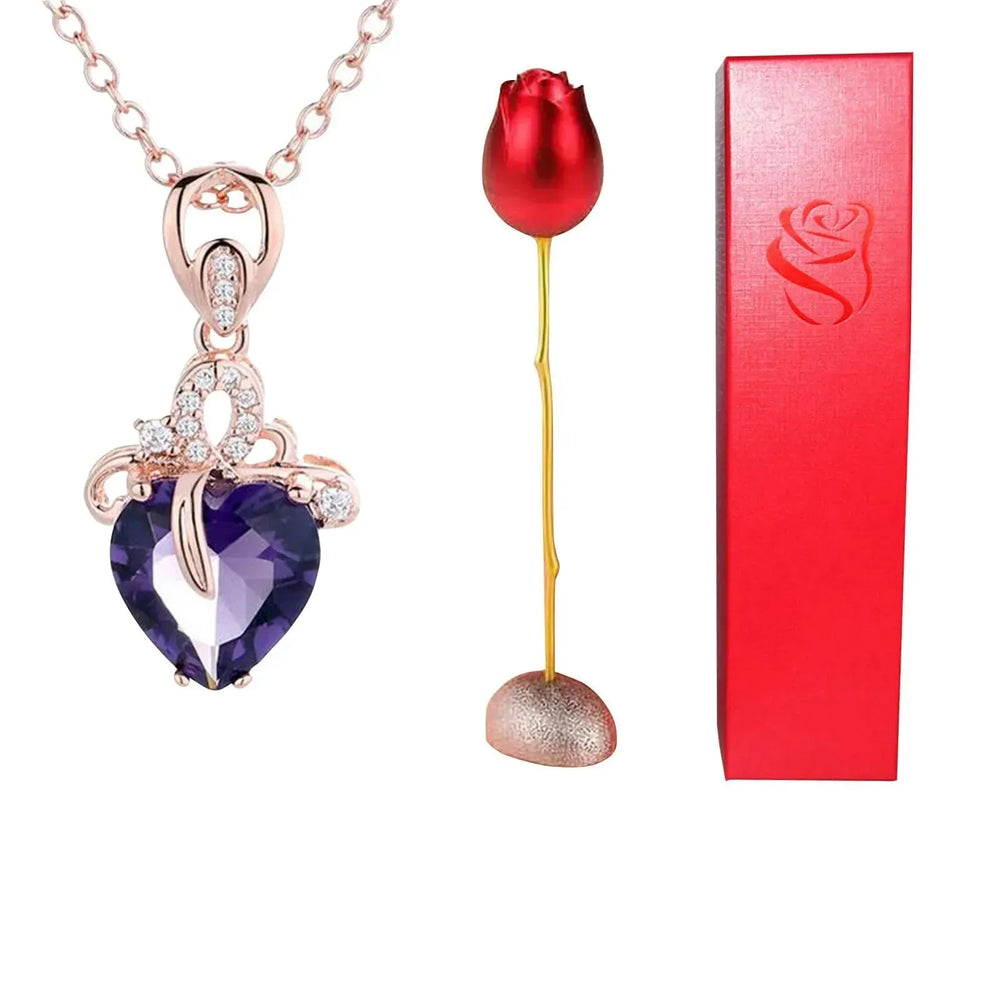 Valentines Day Gift Heart Shaped Blue Purple Crystal Diamond Pendant Rose Head Necklace - EX-STOCK CANADA
