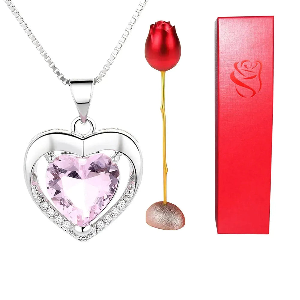 Valentines Day Gift Heart Shaped Blue Purple Crystal Diamond Pendant Rose Head Necklace - EX-STOCK CANADA