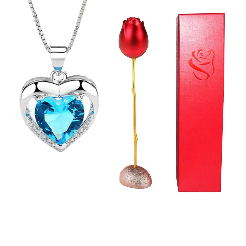 Valentines Day Gift Heart Shaped Blue Purple Crystal Diamond Pendant Rose Head Necklace - EX-STOCK CANADA