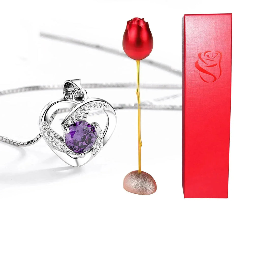 Valentines Day Gift Heart Shaped Blue Purple Crystal Diamond Pendant Rose Head Necklace - EX-STOCK CANADA