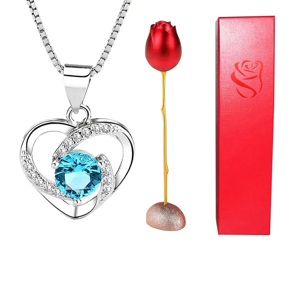 Valentines Day Gift Heart Shaped Blue Purple Crystal Diamond Pendant Rose Head Necklace - EX-STOCK CANADA