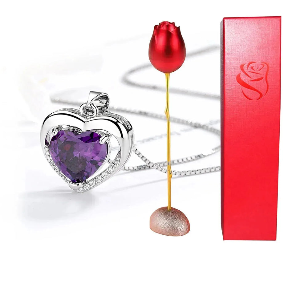 Valentines Day Gift Heart Shaped Blue Purple Crystal Diamond Pendant Rose Head Necklace - EX-STOCK CANADA