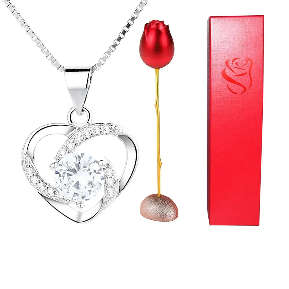 Valentines Day Gift Heart Shaped Blue Purple Crystal Diamond Pendant Rose Head Necklace - EX-STOCK CANADA