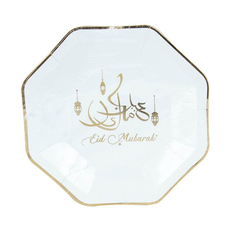 Eid Mubarak White Paper Plate Paper Cup Paper Towel Ramadan Disposable Tableware Party Supplies - EX-STOCK Canada