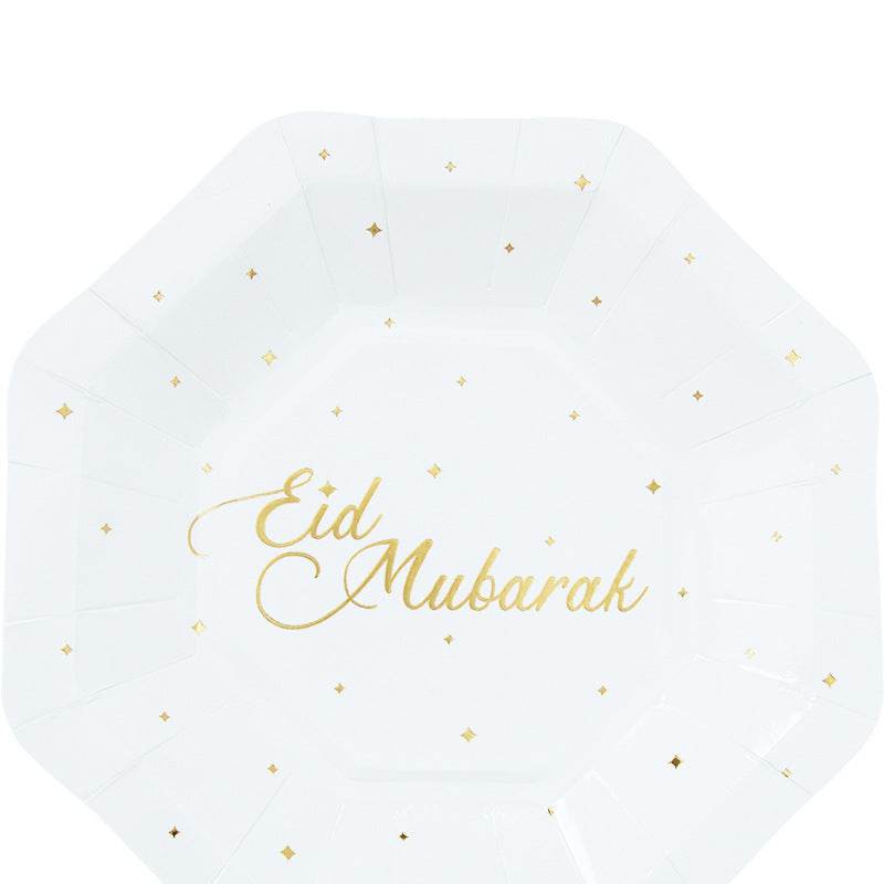 Eid Mubarak White Paper Plate Paper Cup Paper Towel Ramadan Disposable Tableware Party Supplies - EX-STOCK Canada